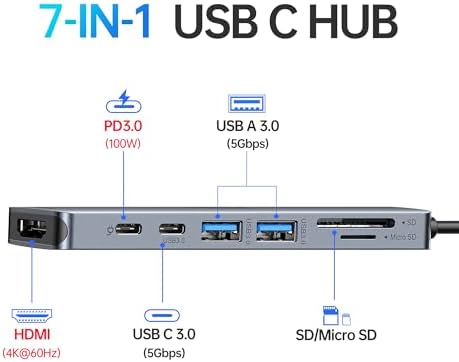 Ultimate 7-in-1 USB C Hub HDMI Adapter for Mac Book Pro & Air – High-Speed 4 K HDMI, Dual USB 3.0, SD/TF Card Reader, and 100 W Power Delivery – Compact and Durable Dongle for Seamless Connectivity with Dell XPS & Lenovo Think Pad