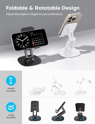OMOTON Cell Phone Stand for Desk, 2 Pack Adjustable Foldable Phone Holder, 360 Swivel Mobile Stand Fit for iPhone 15 14 13 12 11 Pro Max and All Smart Phones, White & White – Enhanced Compatibility and Speed