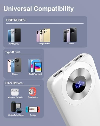 High-Capacity 10000 m Ah USB-C Power Bank with 22.5 W Fast Charging – Travel-Ready Portable Charger Featuring Built-in Cables, Triple Output Ports & HD LED Display for Efficient Device Charging on the Go