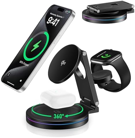 Elevate Your Charging Experience: 2025 Advanced Qi2 Foldable Rotatable 3-in-1 Magnetic Wireless Charger for Apple i Phone 12-16, i Watch, Air Pods, Samsung Devices – Premium Zinc Alloy Design with 30 W Fast Adapter Included – Ultimate Compatibility & Space-Saving Convenience