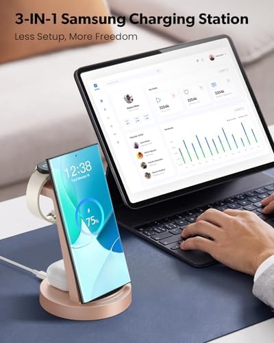 Revolutionary 3-in-1 Wireless Charging Station for Samsung Devices: Fast Charging Dock for Galaxy Watch 7, 6, 5, 4, 3 Pro, Classic & Galaxy Buds – Sleek Stand Compatible with S25, S24 Ultra, S23, S22, S21, Note, and Z Fold – Optimal Efficiency and Stylish Design for Home or Office Use