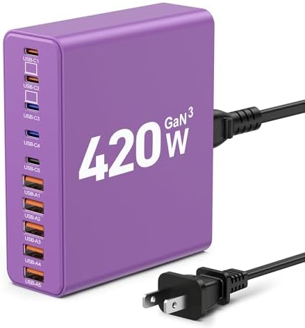 Ultimate 420 W Ga N Multi-Device Charging Hub – 10-Port USB C & A Wall Charger for Mac Book, i Phone, i Pad, Dell XPS, and Samsung Galaxy – Rapid Smart Charging Station with Advanced Safety Features for Efficient Power Management