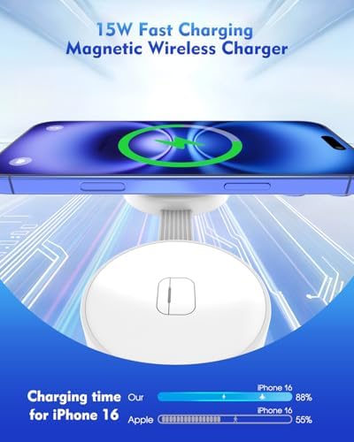 Ultimate 3-in-1 Magnetic Wireless Charging Station for Apple Devices – Compact Fast Charger Pad for i Phone 16/15/14/13, Apple Watch, and Air Pods – Foldable Travel Mag Safe Dock with Enhanced Speed and Compatibility – Ideal for On-the-Go Charging Needs