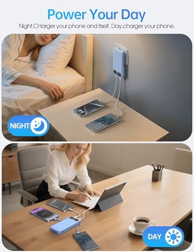 Ultra-Compact 12000 m Ah Power Bank with Built-in Charging Cables & AC Plug – 20 W PD Fast Charging for i Phone, Samsung, Android, USB-C Devices – Travel-Friendly External Battery Pack in Purple – Unmatched Portability and Efficiency for On-the-Go Charging Solutions