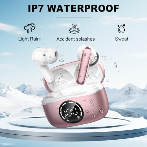 Experience Unmatched Audio Excellence with 2025 Bluetooth V5.4 Wireless Earbuds – 48-Hour Playtime, Advanced ENC Noise Cancelling Mic for Clear Calls, IP7 Waterproof Design for Ultimate Protection, Dual LED Battery Indicator for Easy Monitoring, and Elegant Rose Gold Finish – Perfect for Music Enthusiasts and Professionals Seeking Premium Sound Quality on the Move.