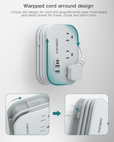 Compact Flat Plug Power Strip with 3 AC Outlets & 4 USB Ports (2 USB-C) – Ultimate Travel Charging Station with 5 Ft Extension Cord for Home and Dorm Use – Essential Non-Surge Protector for Cruises and On-the-Go Power Solutions – Enhanced Device Compatibility and Speed