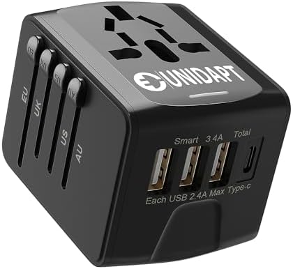 Unidapt Universal Travel Adapter: High-Speed 2.4 A 4-Port USB Charger for Global Use – Compact International Plug Adapter for Europe, USA, UK, Australia – Stylish Blue Design with Safety Features for Hassle-Free Charging on the Go