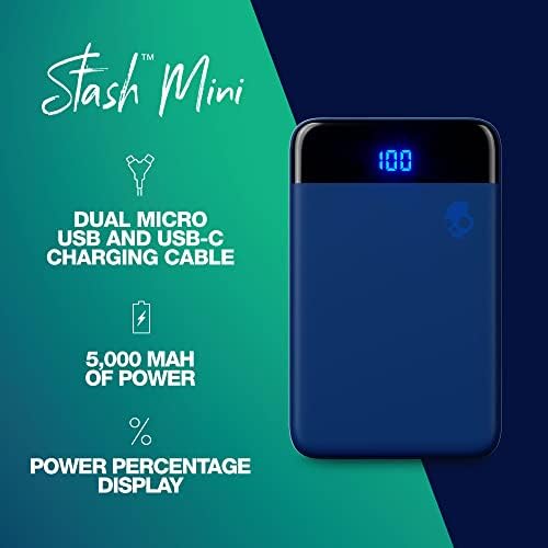 Skullcandy Stash Mini 5000 m Ah Portable Charger – Ultra-Compact Power Bank with Dual 12 W USB A & C Ports, Includes USB A to Micro USB/Type C Cable – Lightweight and Stylish Blue/Green Design for On-the-Go Charging