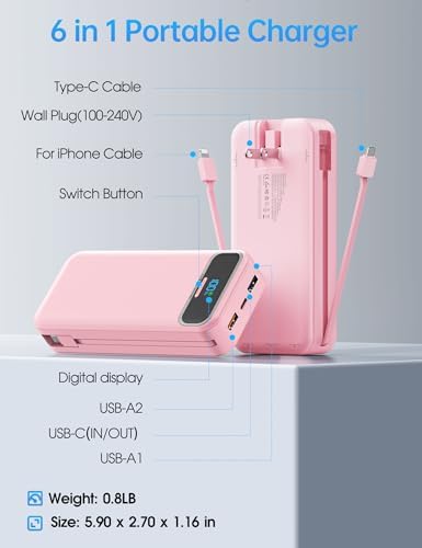 Ultra-Compact 12000 m Ah Power Bank with Built-in Charging Cables & AC Plug – 20 W PD Fast Charging for i Phone, Samsung, Android, USB-C Devices – Travel-Friendly External Battery Pack in Purple – Unmatched Portability and Efficiency for On-the-Go Charging Solutions