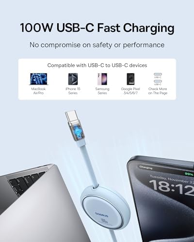 Baseus 100 W Retractable USB-C to USB-C Charging Cable – Versatile 6.6 ft Length with 7 Adjustable Stages for High-Speed Charging of i Phone 16/15 Pro Plus, Mac Book, i Pad Pro, Samsung S24/S23+ – Durable, Tangle-Free Solution for Home and Travel Charging Needs