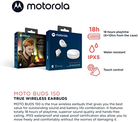 Motorola Moto Buds 150 True Wireless Bluetooth Earbuds – Advanced Ergonomic Design with Smart Touch Controls, IPX5 Sweat and Water Resistance, Compact Power Case – Ultimate Audio Experience for Active Lifestyles and Effortless Device Connectivity