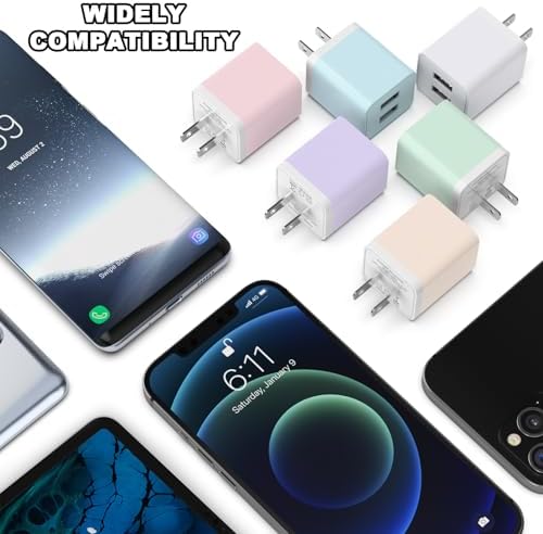 6 Pack Colorful Dual USB Wall Charger by i GENJUN – Fast Charging Cube Power Plug Adapter for i Phone, Samsung Galaxy, Google Pixel & Android Devices – Compact, Multi-Device Charging Solution with Built-In Safety Features – Enhance Your Charging Experience