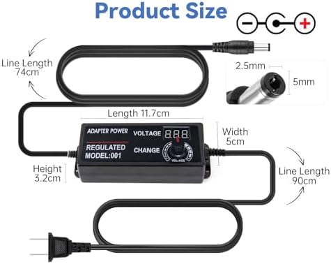 Universal 3 V-24 V Adjustable DC Power Supply Adapter – 3 A 72 W with 8 Interchangeable Tips for Ultimate Compatibility and Advanced Safety Features