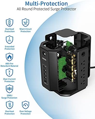 10 ft NTONPOWER Power Strip Tower with 8 Outlets & 5 USB Ports – Premium Surge Protector with Individual Switches, 1080 Joules Protection, 13 A Circuit Breaker – Ideal for Home Office & Entertainment Setup, Sleek Black Design for Ultimate Convenience