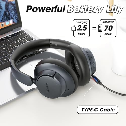 Unleash Your Audio Potential with BERIBES Premium Hybrid Active Noise Cancelling Headphones – Wireless Freedom, 70-Hour Playtime, Deep Bass Enrichment, Ergonomic Comfort, Fast Charging, and Versatile 3.5 mm Cable in Vibrant Blue for All-Day Enjoyment