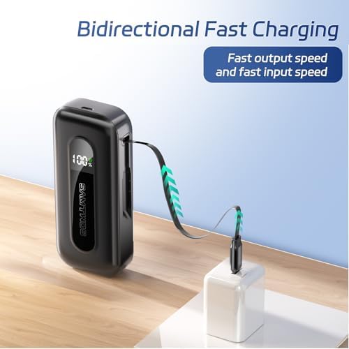 Compact 10,000 m Ah Power Bank with Retractable USB-C Cable – 30 W Fast Charging Portable Charger for i Phone 15/16, Galaxy, and i Pad – Smart LED Display for Travel Convenience and Enhanced Compatibility