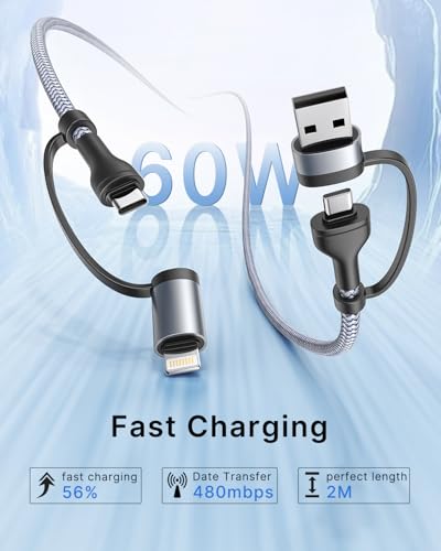 Universal 4-in-1 Multi-Device Charging Cable [2-Pack, 6.6 FT] – 60 W Fast Charging Nylon Braided Lightning & USB-C Cords for i Phone, i Pad, Samsung Galaxy, Mac Book & More – Durable & Tangle-Free Solution for Efficient Powering