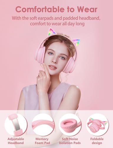 Whimsical Cat Ear Bluetooth Headphones for Kids & Adults – Immersive Hi-Fi Sound, 55-Hour Playtime, LED Light-Up Design, Built-In Microphone, and Universal Compatibility with i Phone, i Pad, Laptop & PC for Ultimate Fun and Comfort