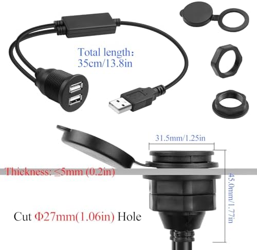 QIANRENON USB 1 to 2 Flush Mount Adapter Short Cable USB2.0 Male to 2 USB2.0 Female Threaded Fixed Panel Mount Connector, with Chip, Simultaneou 480Mbps Data Transfer 5V/2A Charging, 35cm/13.8in – Enhanced Compatibility and Speed