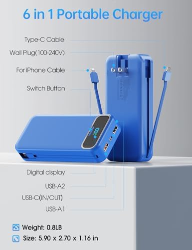 Ultra-Compact 12000 m Ah Power Bank with Built-in Charging Cables & AC Plug – 20 W PD Fast Charging for i Phone, Samsung, Android, USB-C Devices – Travel-Friendly External Battery Pack in Purple – Unmatched Portability and Efficiency for On-the-Go Charging Solutions