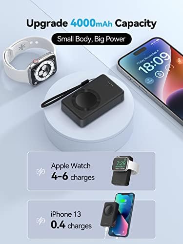 LVFAN 4000 m Ah Magnetic Wireless Power Bank for Apple Watch – Sleek Portable Charger Compatible with Series 1-10, SE, Ultra – Fast Charging Smartwatch Battery Pack for On-the-Go Convenience in Black