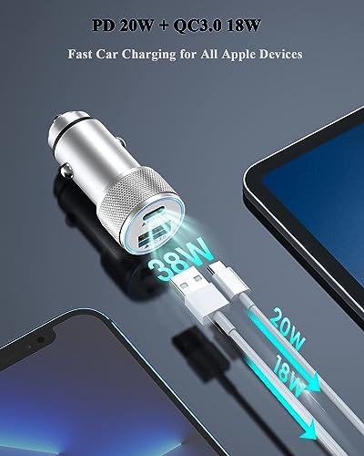 High-Performance i Phone Car Charger – Dual-Port 38 W USB-C & QC3.0 Fast Charging Adapter with 2 Lightning Cables, MFi Certified for i Phone 14, 13 Pro Max, 12, 11, X – Sleek Grey Design for Enhanced Compatibility and Efficiency on the Road