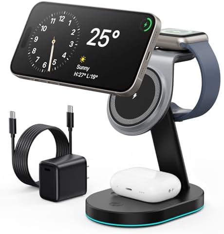 Revolutionary 3-in-1 Wireless Charging Station: Qi2 Certified 15 W Magnetic Charger for i Phone, Apple Watch, and Air Pods – Includes 30 W USB-C Adapter and Integrated Night Light for Enhanced Convenience and Style. Perfectly Fits i Phone 16/15/14/13/12 Models with Fast, Efficient Power Delivery and Sleek Design for Every Space.