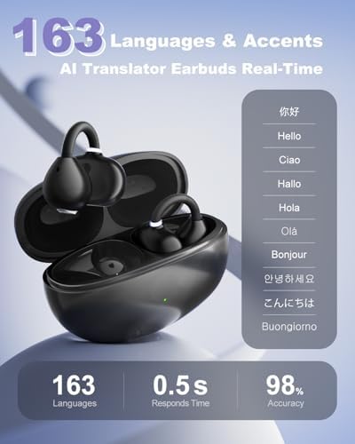 Next-Gen AI Translation Wireless Earbuds – Ultra-Light Bluetooth 5.4 Headphones with Hi-Fi Sound and Deep Bass for Dynamic Lifestyles, Effortless Multilingual Support in 163 Languages, Perfect for i OS & Android Users, Comfortable Open-Ear Design for Travel and Fitness Enthusiasts