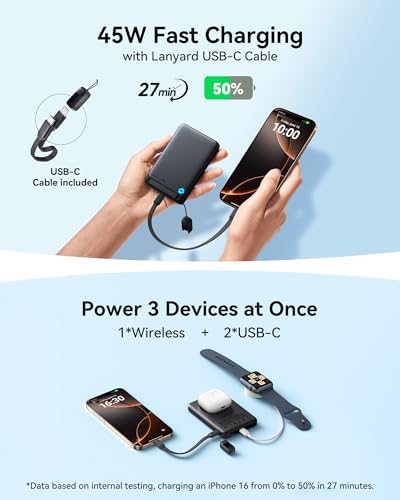 Ultra-Slim 10,000 m Ah Magnetic Power Bank for i Phone 16-12 – INIU Qi2 Certified 45 W Fast Charger with Integrated Kickstand & Lanyard USB-C Cable – Rapid 15 W Wireless & 45 W Wired Charging, Compact Design for Seamless Portability – Industry-Leading 3-Year Care Included