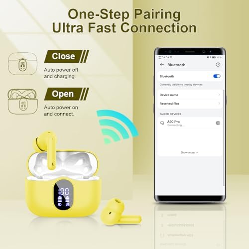 Btootos Ultra-Durable Bluetooth 5.4 Wireless Earbuds – Immersive Bass Sound with Noise-Cancelling Mic, IP7 Waterproof Design for Active Lifestyles, 36-Hour Playtime with LED Battery Display, Bold Yellow for a Striking Audio Experience