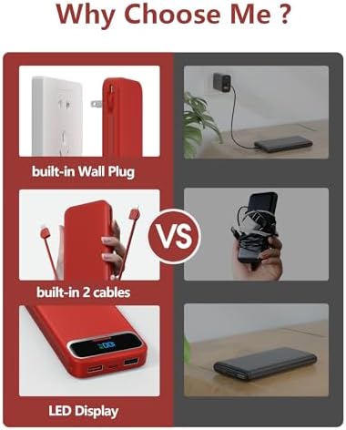 12000 m Ah Ultra-Light Portable Power Bank with Built-In Cables & AC Wall Plug – PD20 W USB-C Fast Charging for i Phone, Samsung & Android – LED Display for Battery Monitoring – Ultimate Travel Companion for Quick Device Recharging