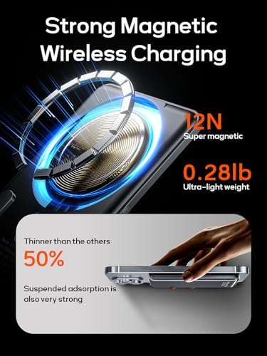 Ultra-Slim 0.3-Inch Magnetic Power Bank – 5000 m Ah Wireless Charger with Foldable Stand & USB-C Cable – Fast Dual-Device Charging for i Phone 16/15/14/13/12 – Travel-Ready Portable Battery Pack for Effortless On-the-Go Power Solutions