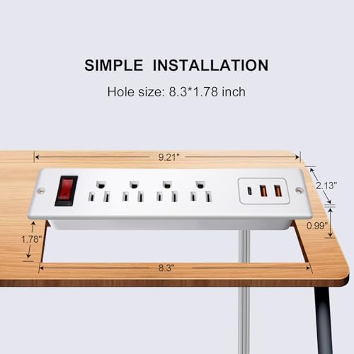 Recessed 20 W PD USB C Power Strip – Ultra-Fast Charging Station with 4 Outlets & 3 USB Ports for Desks & Countertops – ETL Listed Mountable Flat Plug Power Socket for Efficient Workspace Organization and Enhanced Device Compatibility