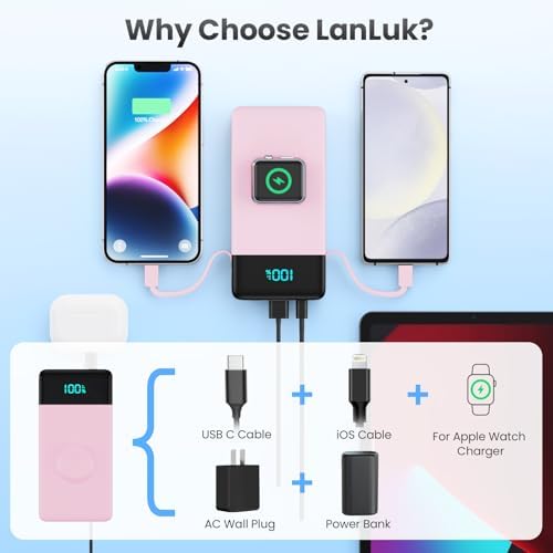 10800 m Ah Portable Charger with Built-in Cables & Wall Plug – 6-in-1 Power Bank for i Phone 16/15/14, Android, Apple Watch – Ultra-Fast QC4.0 & PD Charging with LCD Display – Slim, Lightweight Design for Travel & Outdoor Use – Charge 5 Devices Simultaneously – Hassle-Free Charging Solution with 24-Month Warranty