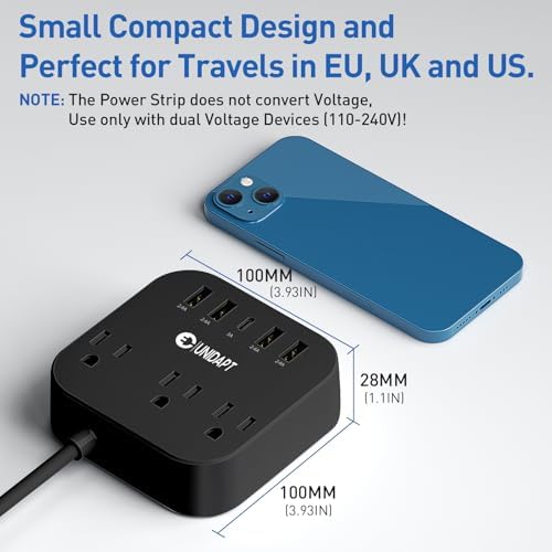 Universal Travel Power Strip with European Plug Adapter – Unidapt US to UK Adapter for EU/UK/US with 4 USB Ports Including USB-C, 3 AC Outlets, Wall Mountable Design, 5 ft Extension Cord for Home, Cruise, and Travel (Black) – Enhanced Device Compatibility and Fast Charging Solutions