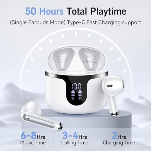 Revolutionary Wireless Earbuds with Advanced Bluetooth 5.3 – 50 Hours of Uninterrupted Playtime, Enhanced ENC Noise Cancelling Microphones for Superior Call Clarity, LED Battery Indicator, Sport-Optimized Design for Phones, Tablets, and Laptops – Elegant White Finish for Comfort & Performance Excellence