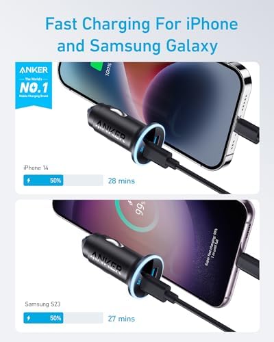 Anker 323 USB C Car Charger Adapter – 52.5 W Dual Port Fast Charging Cigarette Lighter Charger with 30 W Power IQ 3.0 Cable for i Phone 15/15 Pro Max, Galaxy S23/22, and Google Pixel – Optimal Performance & Safety for All Devices on the Go