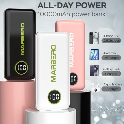 Ultra-Slim 10000 m Ah Portable Power Bank – MARBERO V18 High-Speed USB-C Charger for Multi-Device Charging – Lightweight, Durable Battery Pack for Samsung, Google, and Android Phones – Fast Charge Technology Ensures All-Day Power on-the-Go