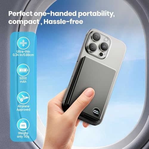 Ultra-Slim 5000 m Ah Magnetic Power Bank with Built-In USB-C Cable – 22.5 W Fast Charging Solution for i Phone 16/15/14/13, Samsung Galaxy, and Android Devices – Lightweight Design, Smart Thermal Regulation, and Universal Compatibility for Effortless On-the-Go Charging