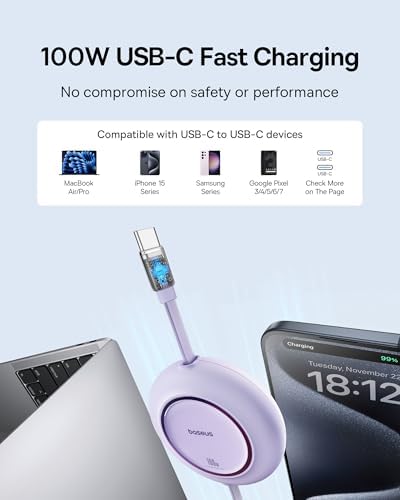 Baseus 100 W Retractable USB-C to USB-C Charging Cable – Versatile 6.6 ft Length with 7 Adjustable Stages for High-Speed Charging of i Phone 16/15 Pro Plus, Mac Book, i Pad Pro, Samsung S24/S23+ – Durable, Tangle-Free Solution for Home and Travel Charging Needs