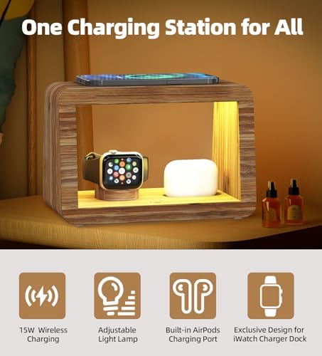 Eco-Friendly Bamboo Charging Station with 15 W Fast Wireless Charging, Adjustable Night Light & Multi-Device Compatibility for i Phone, i Watch, Air Pods, and Samsung – Sleek Nightstand Solution with 3 Color Modes and 4 Brightness Levels, Includes Adapter for Enhanced Efficiency