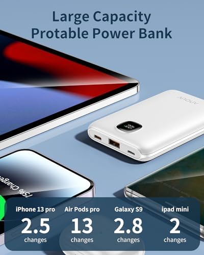 Ultra Slim ANOUV 10,000 m Ah Portable Charger – Fast Charging Power Bank with PD 22.5 W & QC 3.0 for i Phone and Android Devices – Lightweight External Battery for On-the-Go Charging Needs