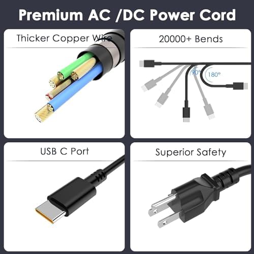 65 W USB-C Laptop Charger for Lenovo Yoga and Think Pad: Fast Charging Power Adapter for Yoga 6, 7, 9, Think Pad X1 Carbon, and More – Universal Compatibility with Multi-Protection Features for Safe and Efficient Use