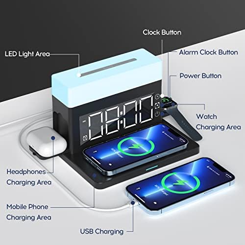 6-in-1 Wireless Charging Station with Digital Alarm Clock & Adjustable Night Light – 15 W Fast Charger Compatible with i Phone 14/13/12/11/XS, Samsung Galaxy, Air Pods & Apple Watch – Sleek Black Design for Ultimate Convenience and Organization