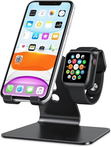 Upgrade Your Charging Station with the OMOTON 2-in-1 Desktop Stand for i Phone & Apple Watch – Sleek Anti-Scratch Holder Compatible with i Phone 16/15/14/13/12 & Apple Watch Series 9/8/SE2/7/6/5/4/3/2 (38-45 mm) – Multi-Angle Viewing, Space-Saving Design, and Non-Slip Base for Ultimate Convenience in Home or Office – Essential Tech Accessory for Organized Living