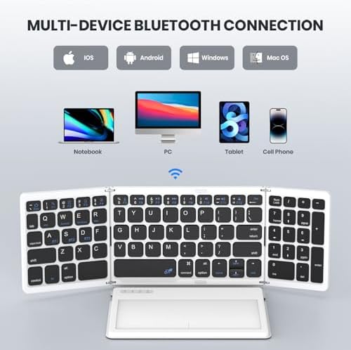 Ultimate Portable Bluetooth Keyboard with Touchpad – Foldable Full-Size Wireless Keyboard for Windows, Android & Mac – Sync 3 Devices, Premium PU Leather Design for Travel & Home Use