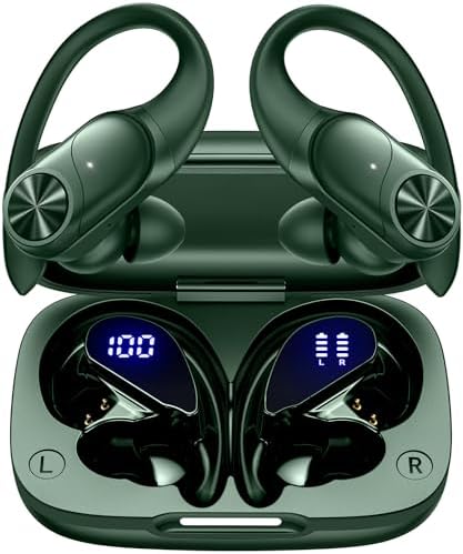 Poc Buds Wireless Bluetooth Earbuds – 80 Hours Playtime, Deep Bass Sound with Digital Display, IPX7 Waterproof Sports Earphones, Ergonomic Earhooks for Secure Fit, Compatible with TV, Phone & Laptop – Stylish Olive Design for Active Lifestyles