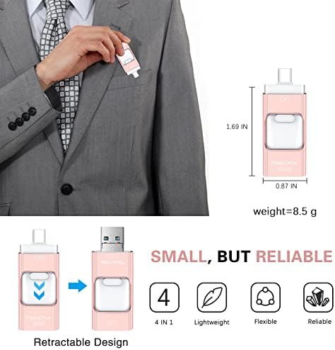 4-in-1 Rose Pink 256 GB Flash Drive for i Phone & i Pad – Versatile USB Type C Memory Stick for Seamless File Transfers Across Android, Computers & More – Enhanced Speed & Storage Solution for Photos, Videos, and Documents