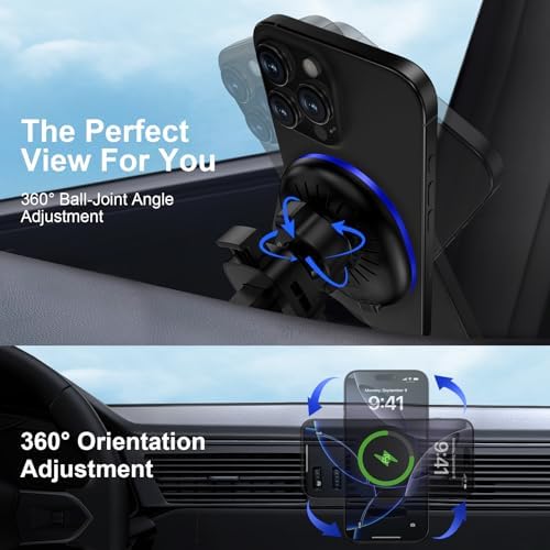 Magnetic Wireless Car Charger and Auto-Clamping Phone Holder for i Phone 12-16 & Samsung Galaxy S25 Ultra – 15 W Fast Charging Air Vent Mount for Effortless Navigation and Secure Device Accessibility