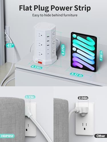 High-Capacity Surge Protector Power Tower with 12 AC Outlets & 5 USB Ports Including Dual USB-C – 6.5 FT Flat Extension Cord for Optimal Placement – 1875 W/15 A Performance and 1700 J Surge Protection for Home, Office, or Dorm Use